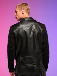 FeverCity Chaqueta De Moto Para Hombres Con Cierre De Cremallera Suelta Y Mangas De Peluche En Contraste