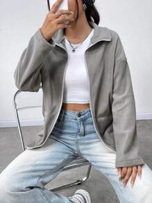 SHEIN Unity Drop Shoulder Zip Up Drop Shoulder Fleece Coat - Light Grey - View 1