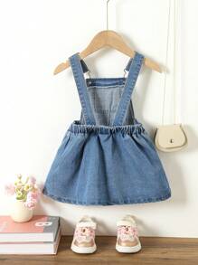 Baby Girl Pocket Front Pleated Hem Overall Denim Overall Dress - Medium Wash - View 2