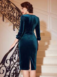 SHEIN DECDS Cổ Trái tim Nhung Váy bodycon Không có thắt lưng - màu xanh lá - Xem 2