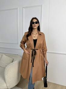 SHEIN LUNE Plus Roll Tab Sleeve Drawstring Waist Pocket Patched Coat - Brown - View 1