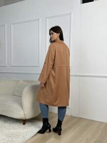 SHEIN LUNE Plus Roll Tab Sleeve Drawstring Waist Pocket Patched Coat - Brown - View 2