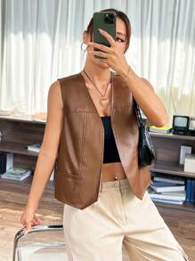 SHEIN EZwear 開門襟PU皮革夾克背心 - 棕色 - 查看 5