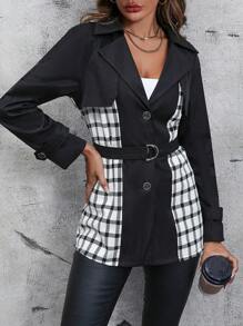 SHEIN LUNE Gabardina con estampado de cuadros con cinturón - Blanco y Negro - Ver 3