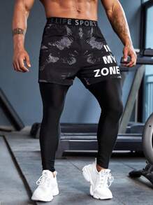 SHEIN Fitness Men Slogan Graphic 2 In 1 Sports Trousers With Phone Pocket - Black - View 3