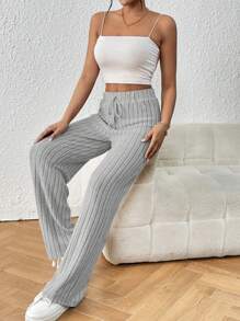SHEIN Frenchy Tie Waist Ribbed Knit Pants Winter Chic Casual Spring - Grey - View 5