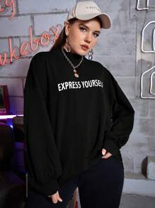 Mulvari 大碼字母圖案小高領落肩袖運動衫 - 黑色 - 查看 1