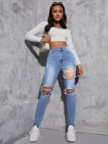 High Waist Ripped Skinny Jeans - Light Wash - View 3