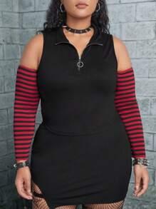 ROMWE PUNK Plus Striped Print Half Zip Cold Shoulder Top - Black - View 2