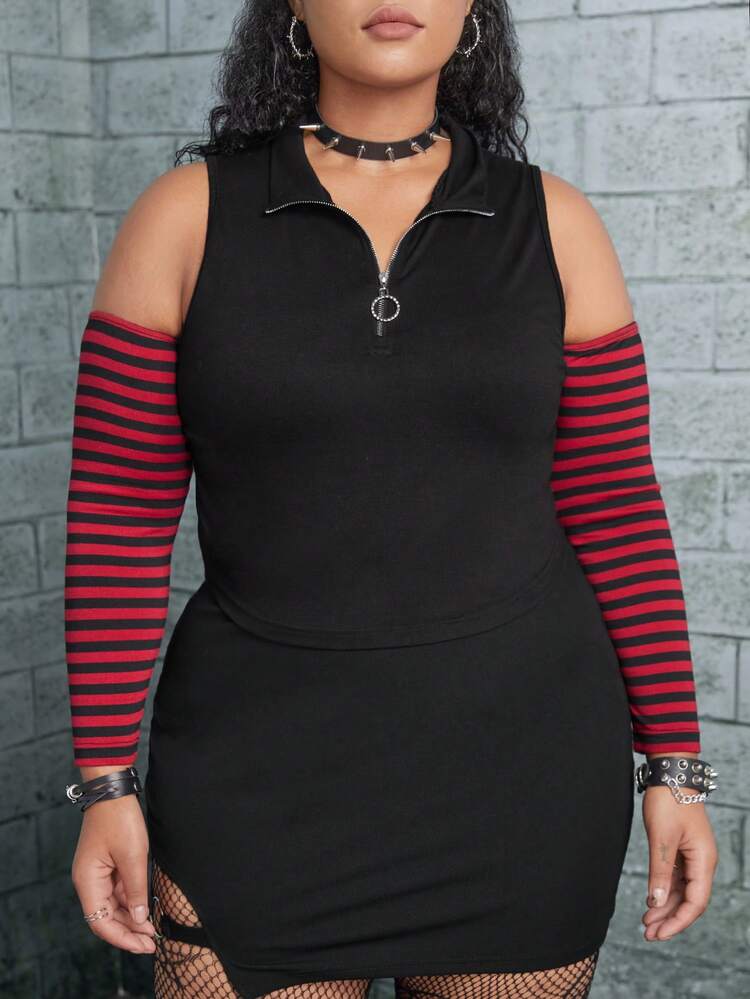 Plus Striped Print Half Zip Cold Shoulder Top