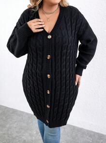 SHEIN LUNE Plus Cable Knit Drop Shoulder Button Front Cardigan - Black - View 4