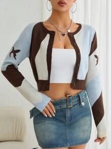 SHEIN Unity 蝴蝶樣式撞色前紐扣短款開衫 - 彩色 - 查看 2