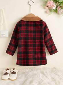 SHEIN 女小童格紋印花羊絨領口褶皺細節花呢外套無毛衣