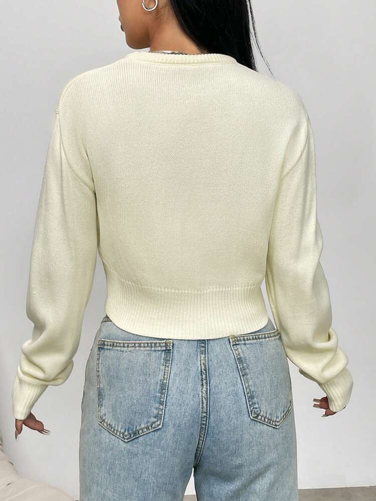 Letter Pattern Drop Shoulder Crop Sweater