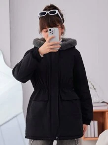 少女拉链毛绒装饰连帽棉服外套 - 黑色 - 查看 6