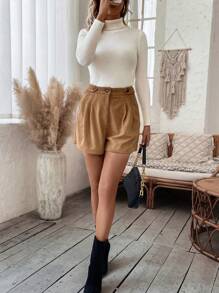 SHEIN Unity 拼接細節燈芯絨短褲 - 卡其色 - 查看 6