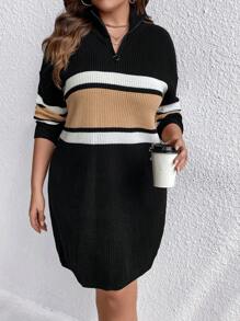 SHEIN LUNE 大碼撞色1/4拉鍊落肩袖毛衣洋裝 - 彩色 - 查看 5