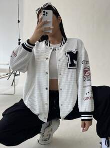 Flirla 休閒字母 條紋大碼夾克 - 白色 - 查看 5