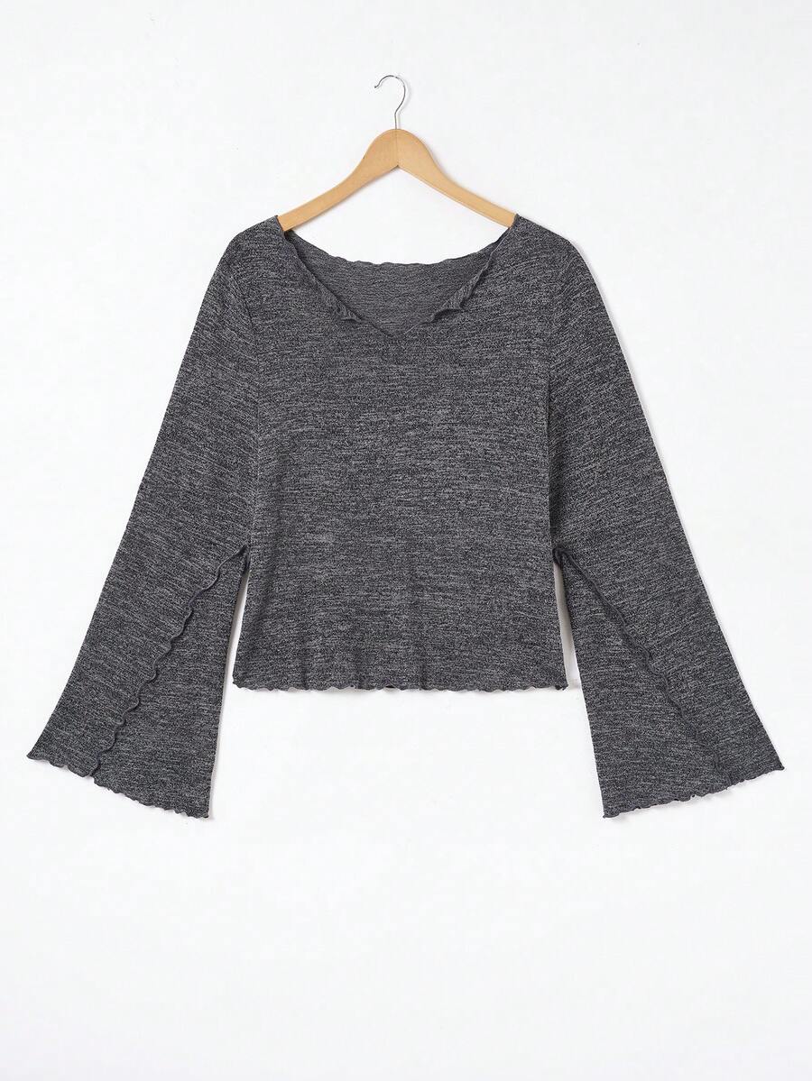 SHEIN EZwear Plus Notched Neck Lettuce Trim Tee - Dark Grey - View 1