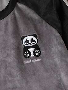 Tween Boy Embroidery Panda Pattern Raglan Sleeve PJ Set - Dark Grey - View 5