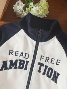 Garoto pré-adolescente Bordado Padrão de Letra Manga De Raglan Guarnição Listrada Zip Up Revestido Térmico Jaqueta