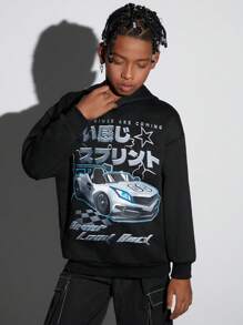 SHEIN 青少年男孩汽车和日文字母图案落肩卫衣 - 黑色 - 查看 5