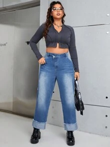 SHEIN ICON 大碼高腰毛邊緣卷邊直筒牛仔褲 - 藍色 - 查看 5