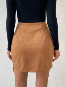 SHEIN Essnce Fringe Trim Wrap Faux Suede Bodycon Skirt - Brown - View 2