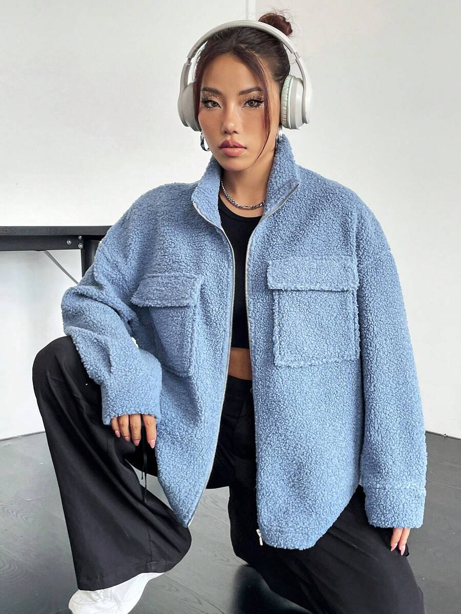 SHEIN Unity Flap Pocket Drop Shoulder Teddy Coat - Blue - View 1