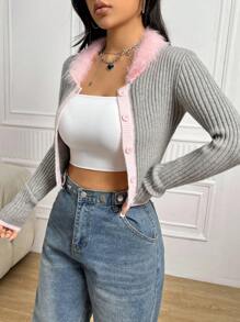 SHEIN Qutie 羊絨領口前紐扣短款開衫 - 灰色 - 查看 1