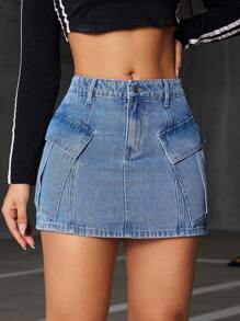 SHEIN EZwear 翻蓋細節牛仔半身裙 - 中等水洗藍 - 查看 5