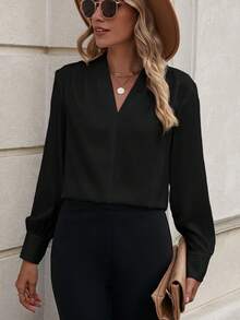 SHEIN LUNE Solid  V Neck Blouse - Black - View 6
