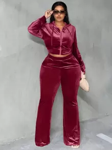Slaydiva Áo khoác có mũ trùm đầu có dây rút và quần ống loe, mùa đông - Màu Đỏ Sâu - Xem 1