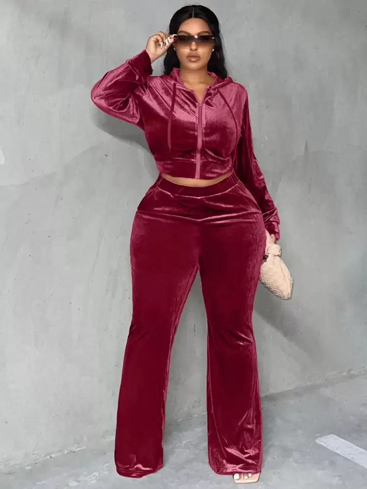 Plus Zip Up Drawstring Hooded Cord Jacket & Flare Leg Pants, Winter
