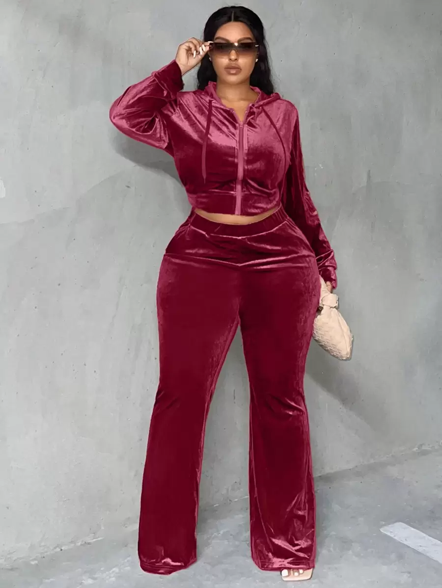 Slaydiva Áo khoác có mũ trùm đầu có dây rút và quần ống loe, mùa đông - Màu Đỏ Sâu - Xem 1