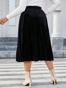 SHEIN Privé Talla grande Falda fruncido de talle alto de terciopelo - Negro - Ver 2