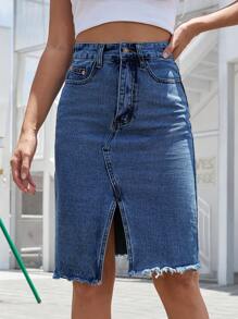 SHEIN Frenchy 高腰毛邊緣高衩牛仔半身裙 - 深色水洗藍 - 查看 6
