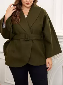 Flirla Plus Shawl Collar Belted Overcoat - Army Green - View 6