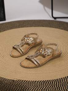 Women's Flat Sandals, Gold Flat Sandals - Gold - View 4