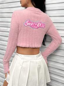 Flirla 字母貼布抽繩後短款開衫 - 粉色 - 查看 4