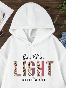 SHEIN Unity Plus Letter Graphic Kangaroo Pocket Drawstring Thermal Hoodie - White - View 5