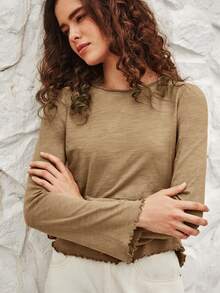 Bohemela Lettuce Trim Trumpet Sleeve Tee - Camel - View 6