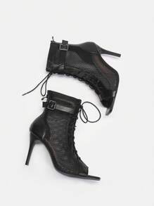 CUCCOO SZL 高跟露趾方头网眼镂空系带靴 - 黑色 - 查看 3