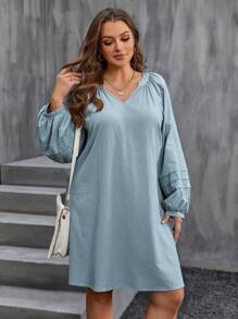 SHEIN LUNE 大碼女性燈籠袖V領洋裝 - 綠色 - 查看 1