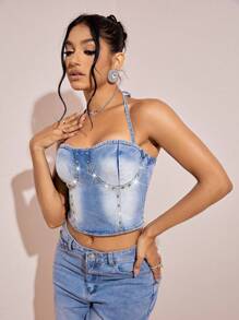SHEIN BAE Rhinestone Detail Tie Backless Bustier Denim Halter Top - Blue - View 5
