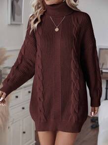 EMERY ROSE 高領麻花編織落肩袖毛衣洋裝