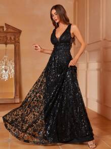 Elisanya Elegant V-Neck Sleeveless A-Line Sequin-Decor Dress – Lightweight Flowy Formal Gown For Spring-Summer – - Black - View 4
