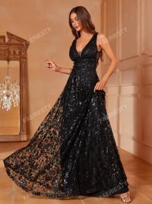 Faeriesty Elegant V-Neck Sleeveless A-Line Sequin-Decor Dress – Lightweight Flowy Formal Gown For Spring-Summer – Perfect For Wedding Guest, Gala, Evening Dinner, Red Carpet Events Party Dress