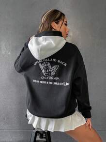 SHEIN Unity Slogan & Angel Embroidery Drop Shoulder Hoodie - Black and White - View 1