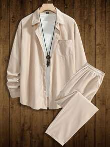 Manfinity Homme Men Solid Button Front Shirt & Drawstring Waist Pants Without Tee